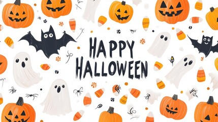 Happy Halloween party invitation card. Composition with pumpkins, ghosts, bats and holiday decorations and sweets on a white background.