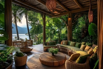 Fototapeta premium Tropical Outdoor Living Space with Lake View - Cozy tropical outdoor living area with wicker furniture, lush greenery, and a serene lake view, perfect for relaxation.
