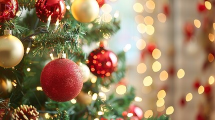 Fototapeta premium Decorations on a festive Christmas tree with twinkling lights during the holiday season