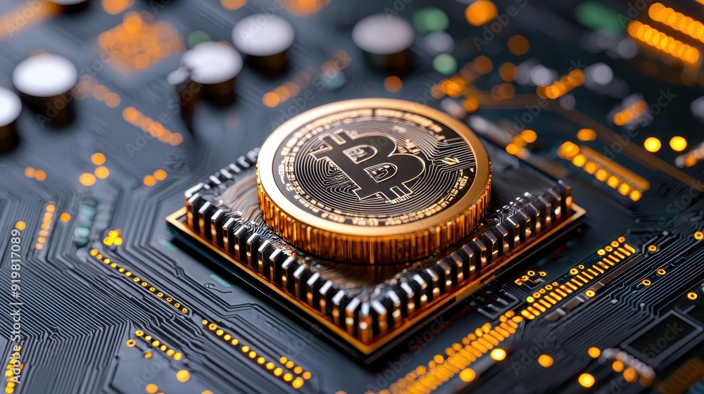 Poster detailed close-up of a bitcoin coin on a microchip, showcasing digital currency technology and crypt
