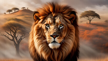 Naklejka premium Majestic Lion King: Powerful Savannah Portrait in Surreal AI Art | Wildlife Photography.