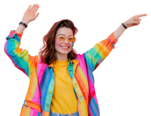 PNG  Colorful joyful woman celebrating fun