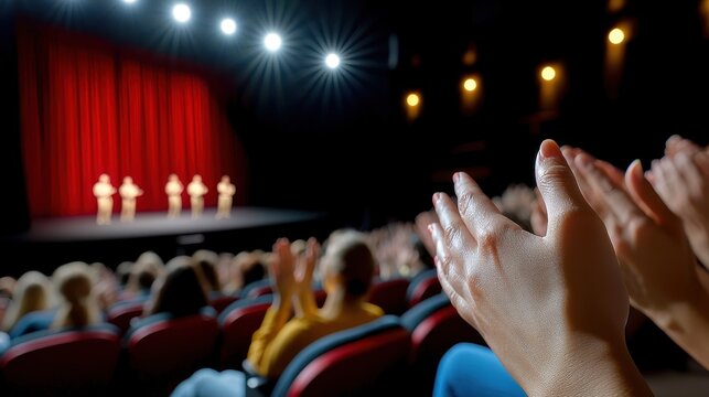 A vibrant theater scene capturing the audience's applause for a live performance on stage with dramatic lighting and red curtains.