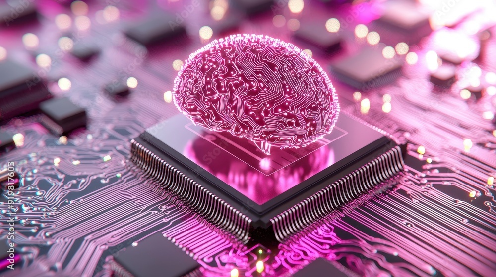 Poster a futuristic representation of artificial intelligence with a glowing brain on a circuit board, show