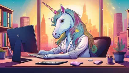 Poster Office Unicorn- An illustrated whimsical scene of a unicorn working at a desk in an office, symbolizing creativity and the magical side of corporate life