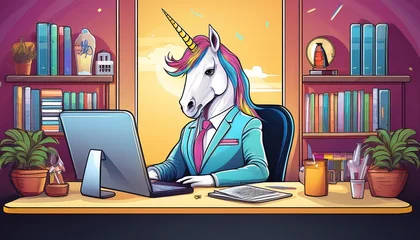 Poster Office Unicorn- An illustrated whimsical scene of a unicorn working at a desk in an office, symbolizing creativity and the magical side of corporate life