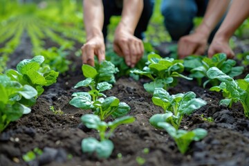 Close-up of hands tending to a lush row of spinach plants in a garden.
