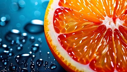 A close-up of a freshly sliced citrus fruit, focusing on the juicy segments and the texture of the rind, with a white background to make the colors and details stand out