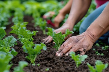 Closeup of hands planting lettuce seedlings in a garden.