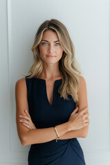 A woman in a black dress is standing in front of a white wall