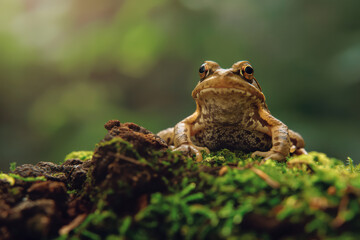 Obraz premium A frog is sitting on a mossy log in a forest