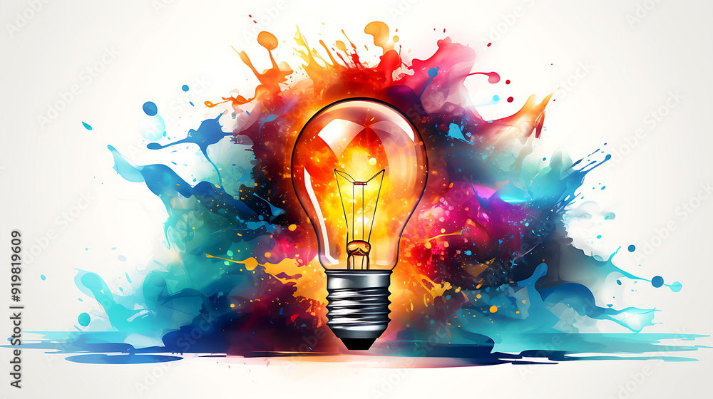 Poster light bulb explodes with colorful paint and splashes