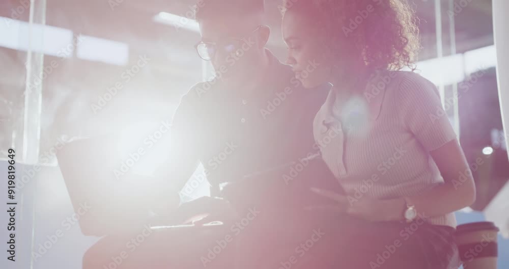 Poster Laptop, teamwork and business people talking in office while working on strategy. Computer, collaboration and employees, man and woman brainstorming, research or planning together with lens flare.