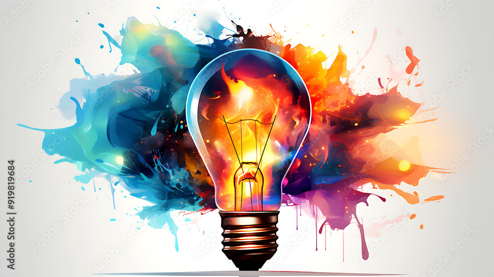 Poster light bulb explodes with colorful paint and splashes
