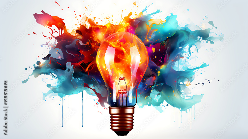 Poster light bulb explodes with colorful paint and splashes