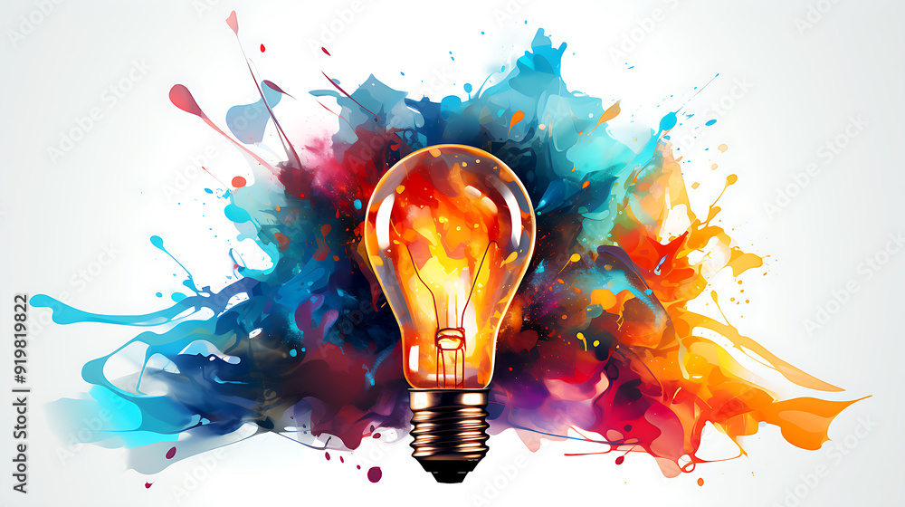 Poster light bulb explodes with colorful paint and splashes