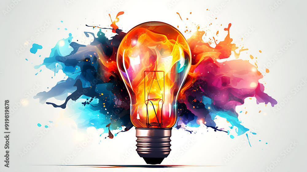 Poster light bulb explodes with colorful paint and splashes
