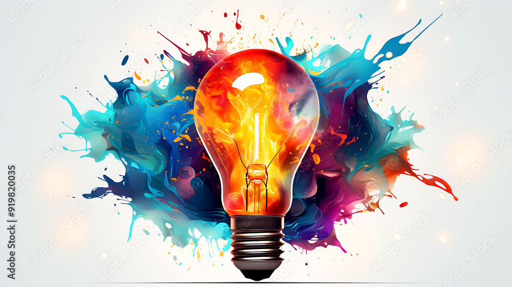 Poster light bulb explodes with colorful paint and splashes