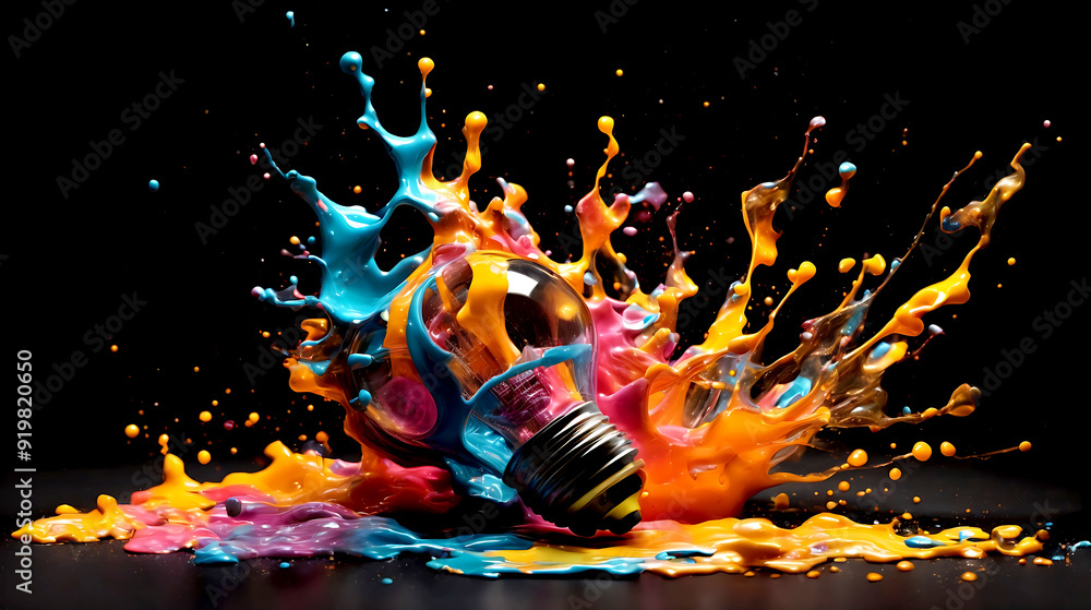 Poster light bulb explodes with colorful paint and splashes on a black background
