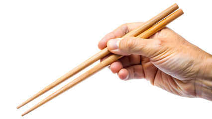 Hand grasping wooden chopsticks for eating, transparent
