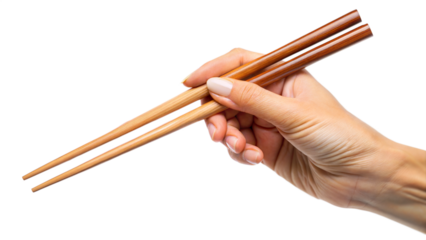 Hand holding wooden chopsticks, isolated on transparent