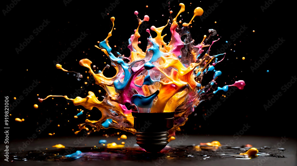 Poster light bulb explodes with colorful paint and splashes on a black background