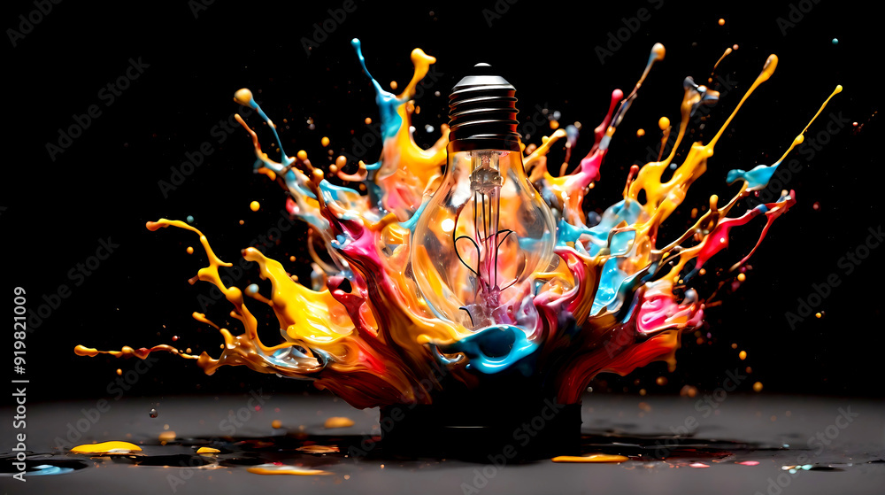 Poster light bulb explodes with colorful paint and splashes on a black background