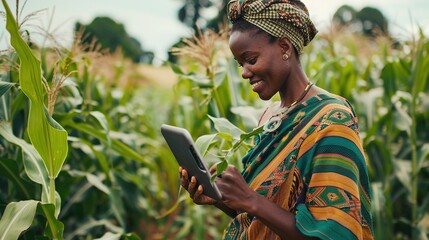 Fototapeta premium Close-up. Black African woman farmer in traditional clothing using a digital tablet monitoring a large corn crop. Irrigation in background
