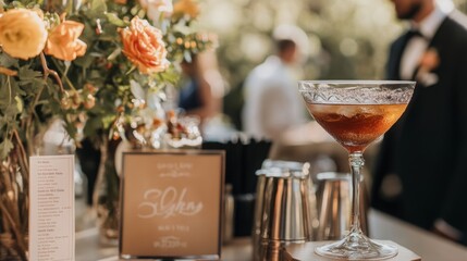 A beautifully crafted cocktail sits on a table adorned with lush flowers, as guests mingle in the background during a vibrant afternoon event.