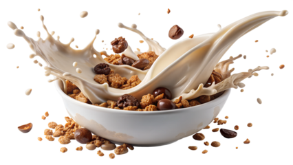 PNG milk splash with granola and coffee beans isolated transparent