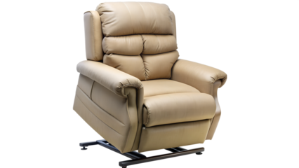 Beige leather recliner chair in lifting position PNG isolated transparent