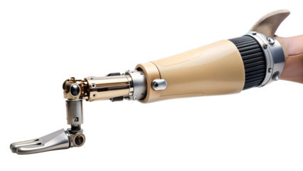 Modern prosthetic arm with mechanical hand and metal joints PNG isolated transparent