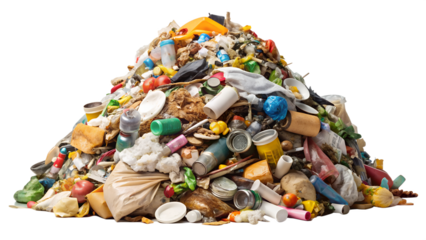 Large pile of assorted household waste and garbage items PNG isolated transparent