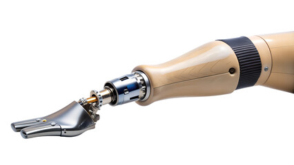 Advanced prosthetic arm with mechanical hand and flexible joints PNG isolated transparent