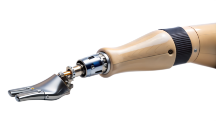 Advanced prosthetic arm with mechanical hand and flexible joints PNG isolated transparent