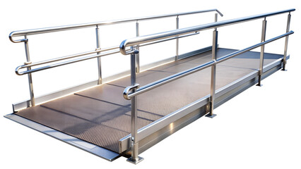 Metal wheelchair ramp with non-slip surface and safety rails PNG isolated transparent
