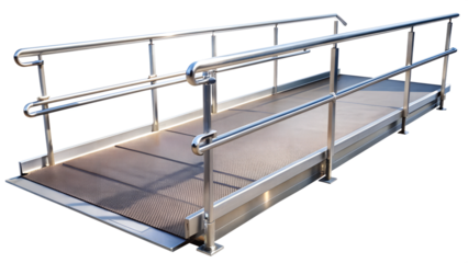 Metal wheelchair ramp with non-slip surface and safety rails PNG isolated transparent