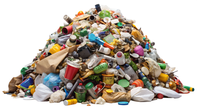 Mixed pile of trash with plastic bottles, cans, and food waste PNG isolated transparent