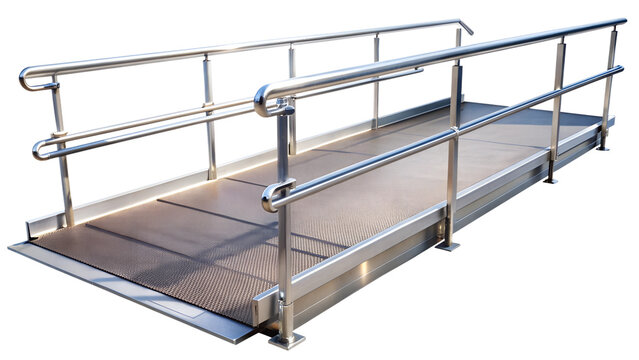 Metal wheelchair ramp with non-slip surface and safety rails PNG isolated transparent