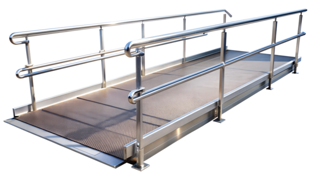 Metal wheelchair ramp with non-slip surface and safety rails PNG isolated transparent
