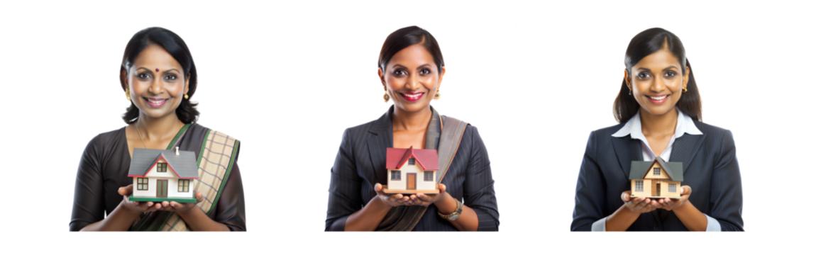 Woman in traditional and modern attire holding house models, isolated on transparent background - Powered by Adobe