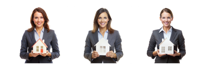 Businesswomen holding house models, real estate concept, isolated on transparent background