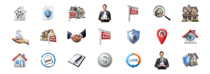 Collection of real estate and financial icons, isolated on transparent background