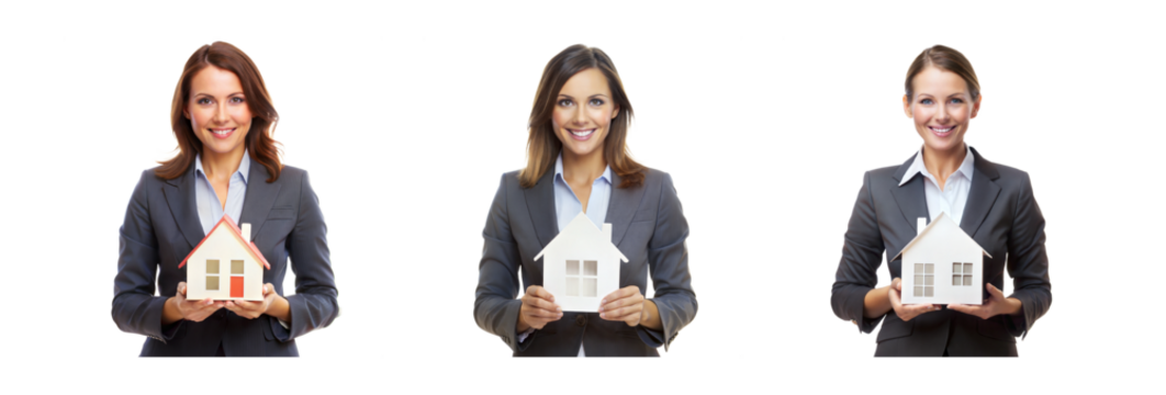 Businesswomen holding house models, real estate concept, isolated on transparent background - Powered by Adobe