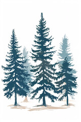Obraz premium Artistic illustration of fir trees in blue tones, textured layered style against soft muted background, serene natural scene
