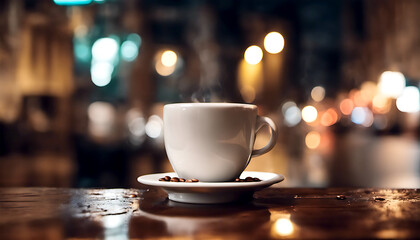 A Cup of coffee on table in street cafe at night