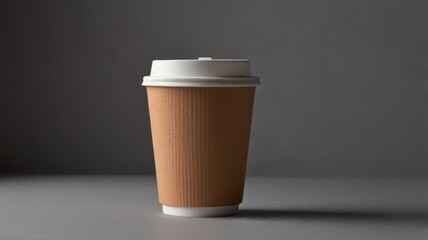 Coffee cup made of beige cardboard with a white lid on a light gray background