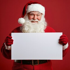 Naklejka premium Santa Claus dressed in his classic red suit, gloves, and hat, holding a blank white rectangular sign, perfect for Christmas messages or advertising, against a striking red background.