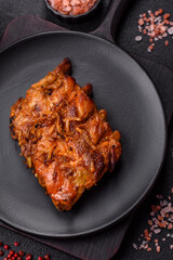 Delicious juicy grilled ribs with honey and mustard sauce with salt, spices and herbs