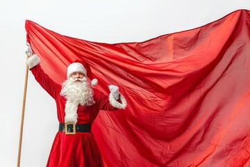 Santa Claus, dressed in his traditional red suit and hat, is standing confidently holding a large red cloth behind him, creating a striking festive display, set against a plain white background.